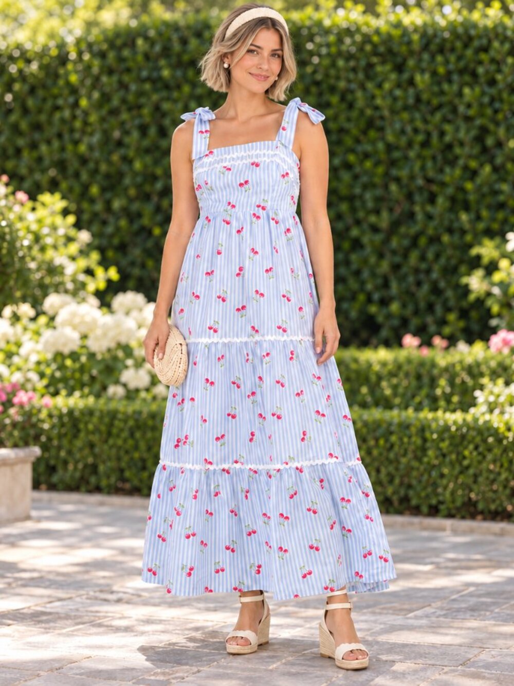 Rachel Zoe Blue Striped Cherry Print Bow Strap Maxi Dress Size 6 NWT